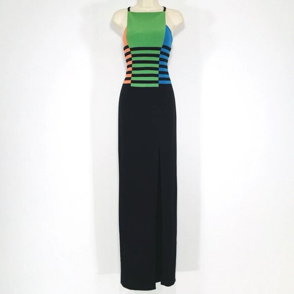 Mignon Classic Color Block Striped Maxi Dress Sz 6 Front Slit Crisscross Straps - Picture 3 of 16